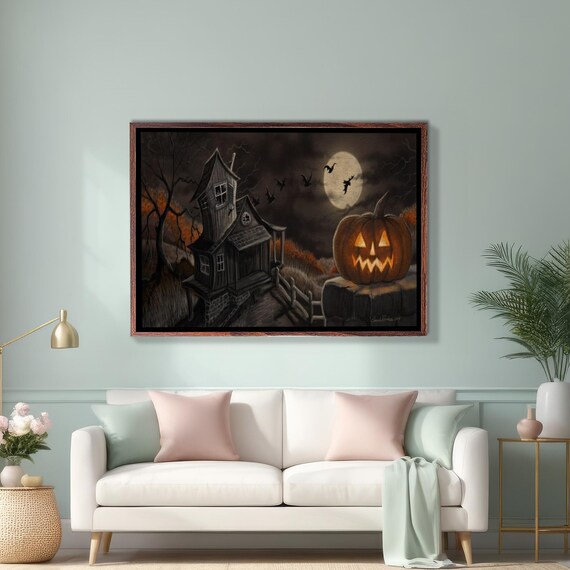 Haunted House and Glowing Jack O Lantern Under Full Moon Poster