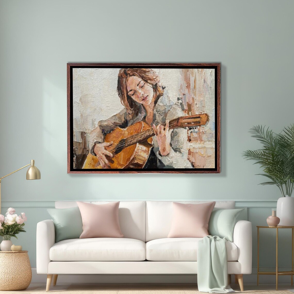 Young Girl Playing Classical Guitar Painted Portrait Art Poster
