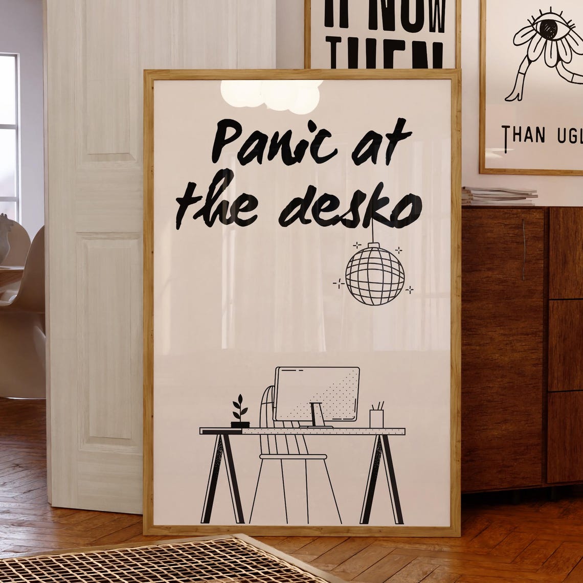 Panic At The Desko Typography Print Funny Office Art Home Poster Minimalist For Desk