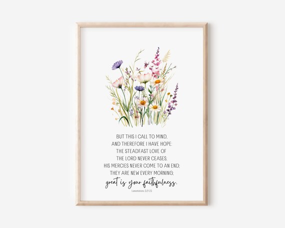 Lamentations 32123 Steadfast Love Of The Lord Never Ceases Bible Verse Wall Art Christian Gift Scripture Print Watercolor Wildflowers