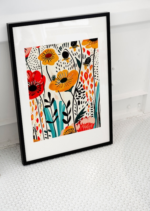 Poppy Dream Floral Oil Painting Vibrant Red Yellow Flower Wall Art