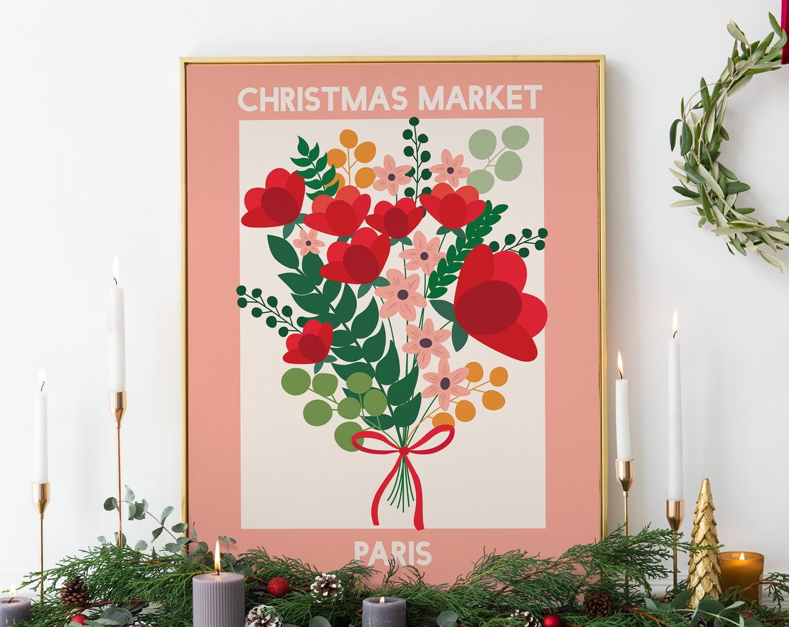 Pink Paris Christmas Market Floral Bouquet Holiday Travel Poster