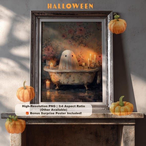 Moody In Bathtub Print Vintage Spooky Bathroom Art