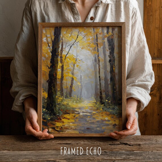 Golden Autumn Forest Misty Path Textured Oil Painting Art Print