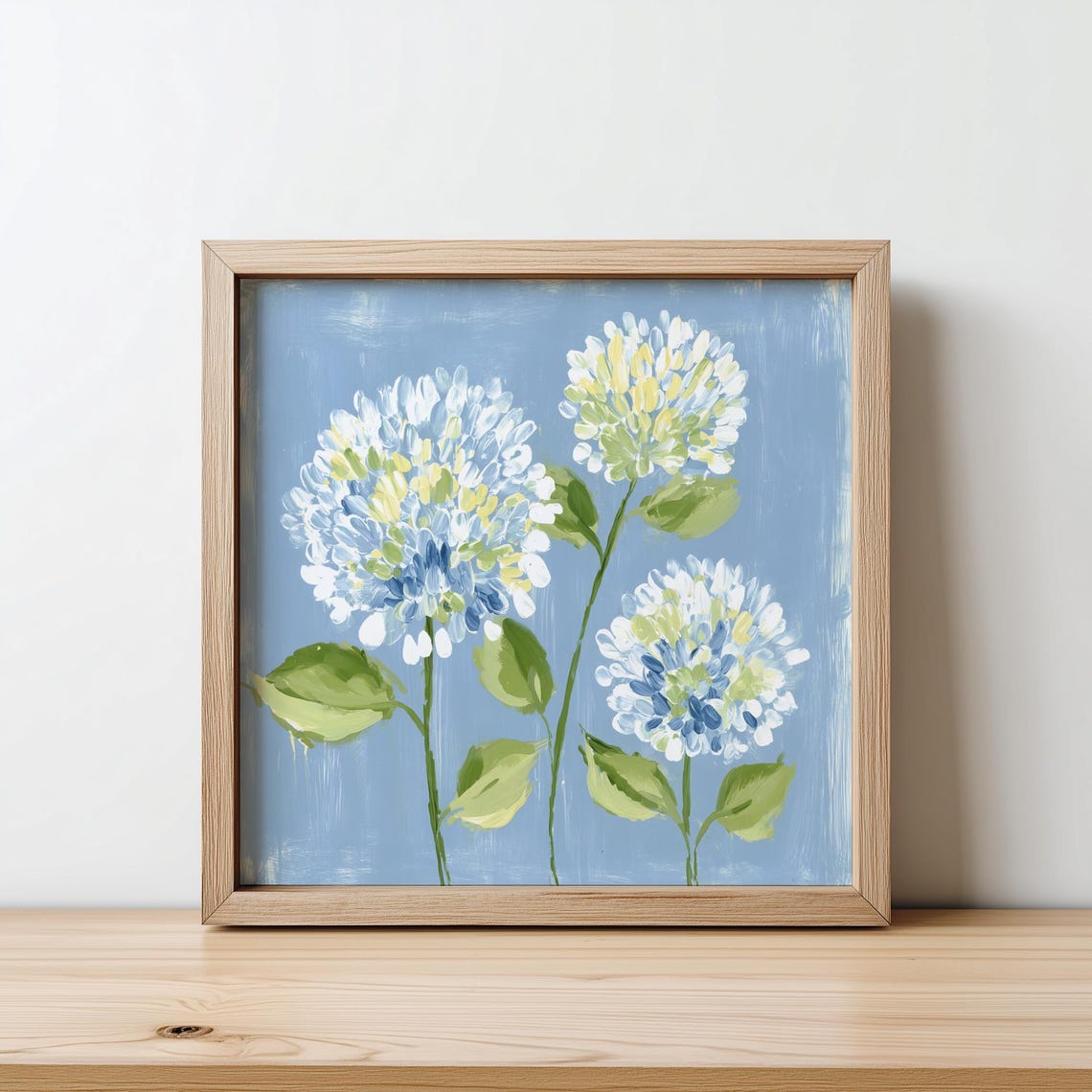 Elegant Hydrangea Blue Green Floral Wall Art Modern Botanical Print Chinoiserie Decor