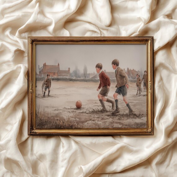 Boys Playing Football Vintage 1930s Watercolor Sports Poster