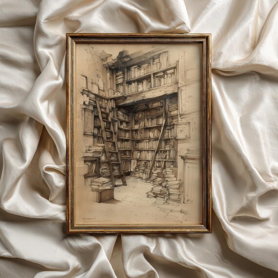Dark Academia Bookshop Interior Pencil Sketch Vintage Library Print