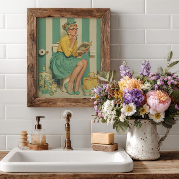 Funny Bathroom Art Retro Woman On Toilet Print Quirky Mid Century Wall Decor Vintage Pinup Poster