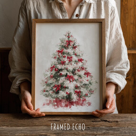 Frosted Christmas Tree With Red Bows Watercolor Holiday Poster