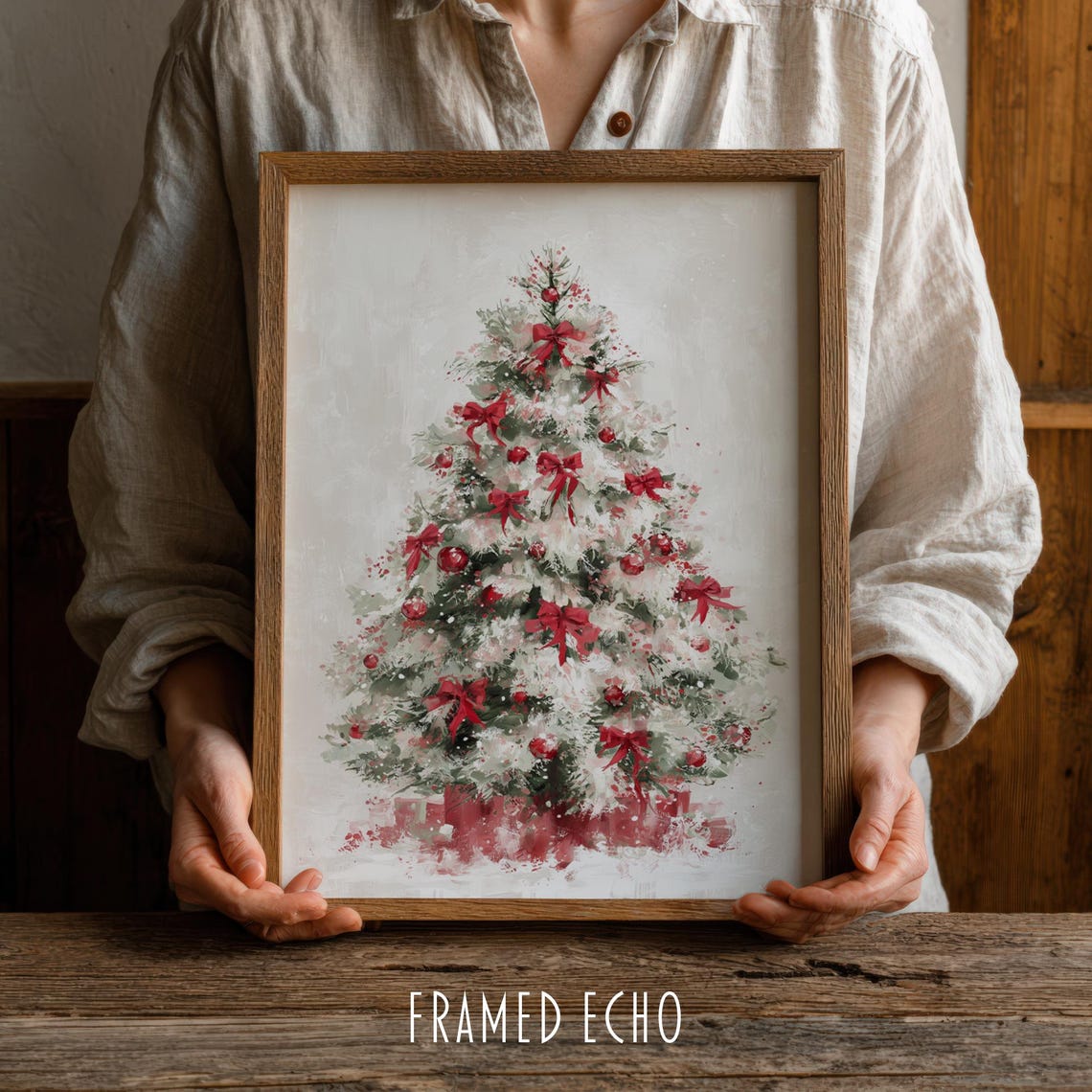 Frosted Christmas Tree With Red Bows Watercolor Holiday Poster