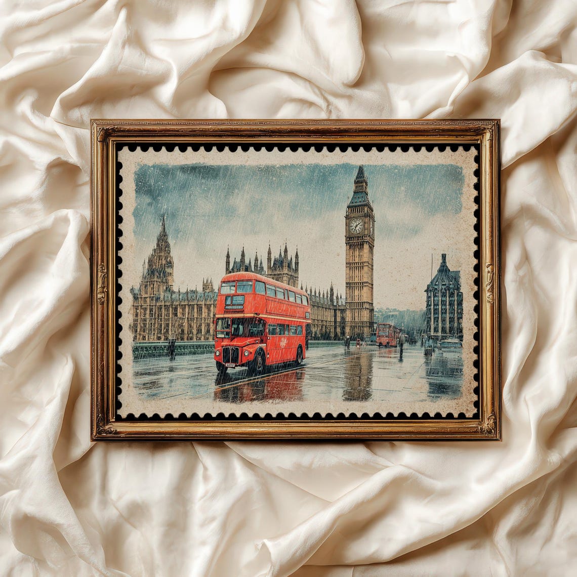 Rainy London Big Ben Red Bus Vintage Postage Stamp Style Poster