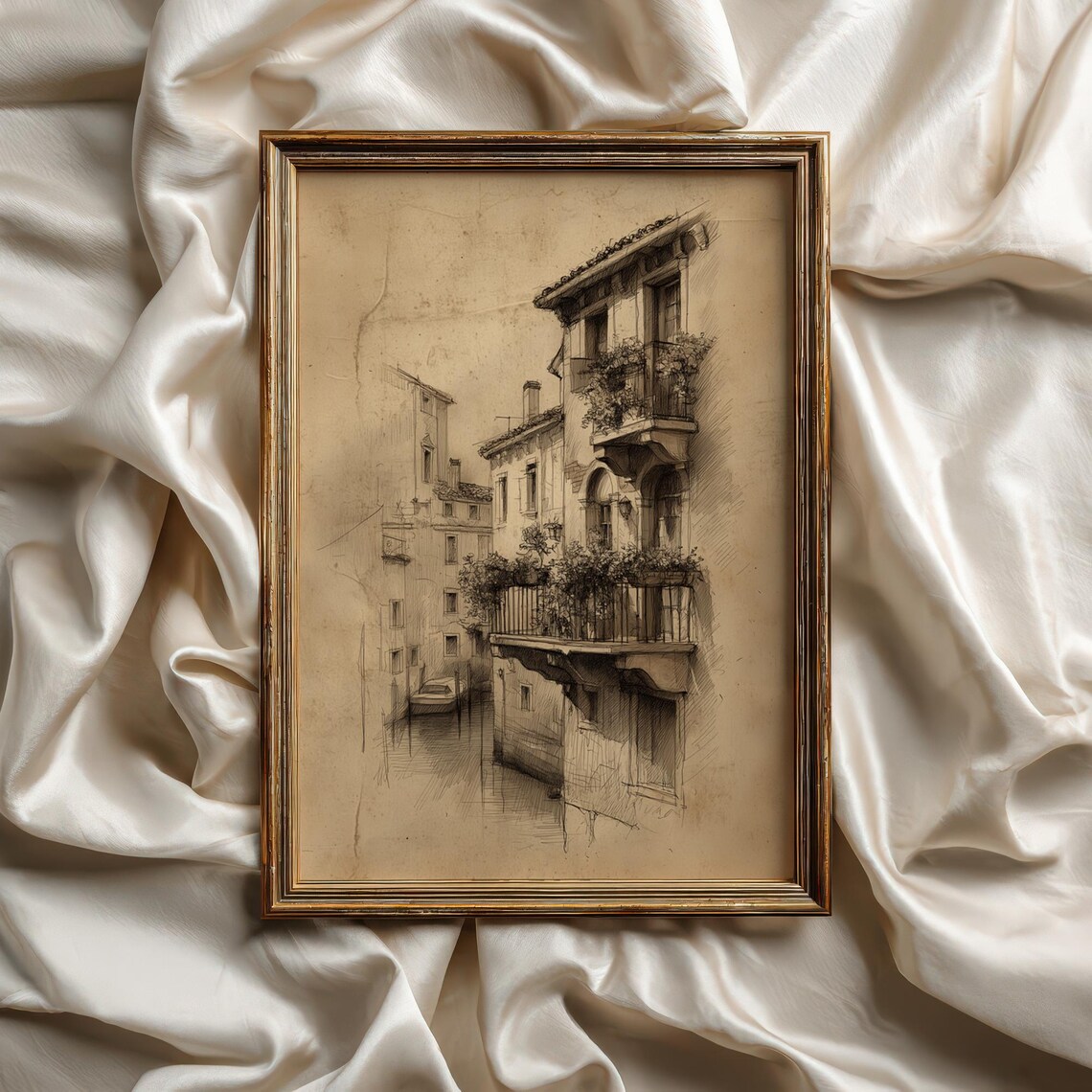 Venice Canal Balcony Pencil Sketch Vintage Italian Art Print