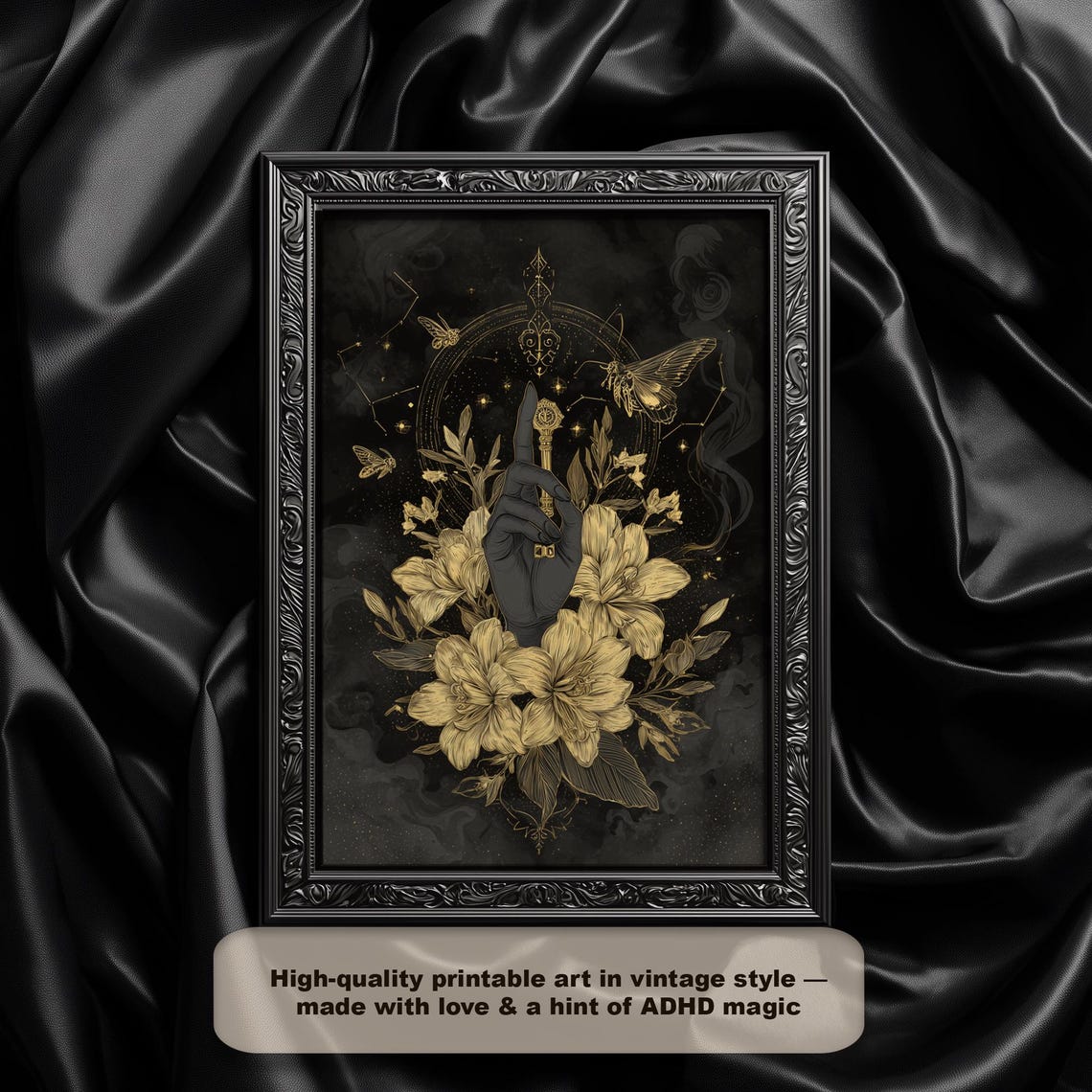 Mystical Witch Hand Art Print Gothic Black Gold Botanical Decor