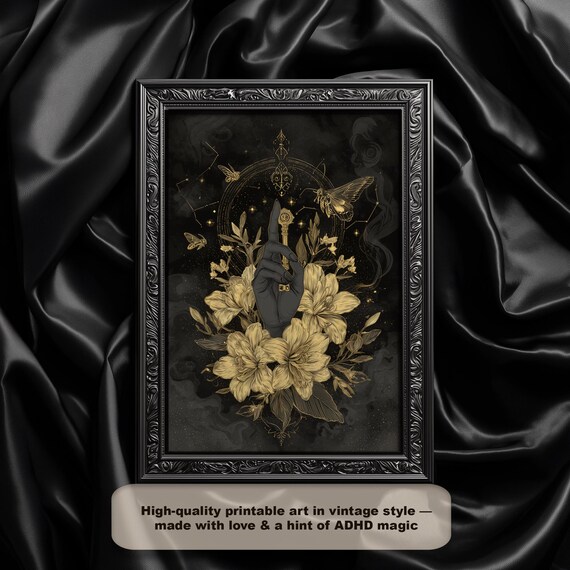 Mystical Witch Hand Art Print Gothic Black Gold Botanical Decor
