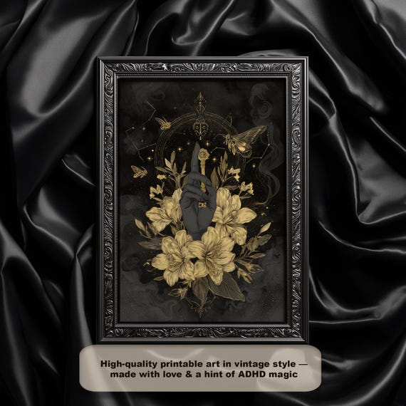 Mystical Witch Hand Holding Key Black Gold Gothic Botanical Art Print