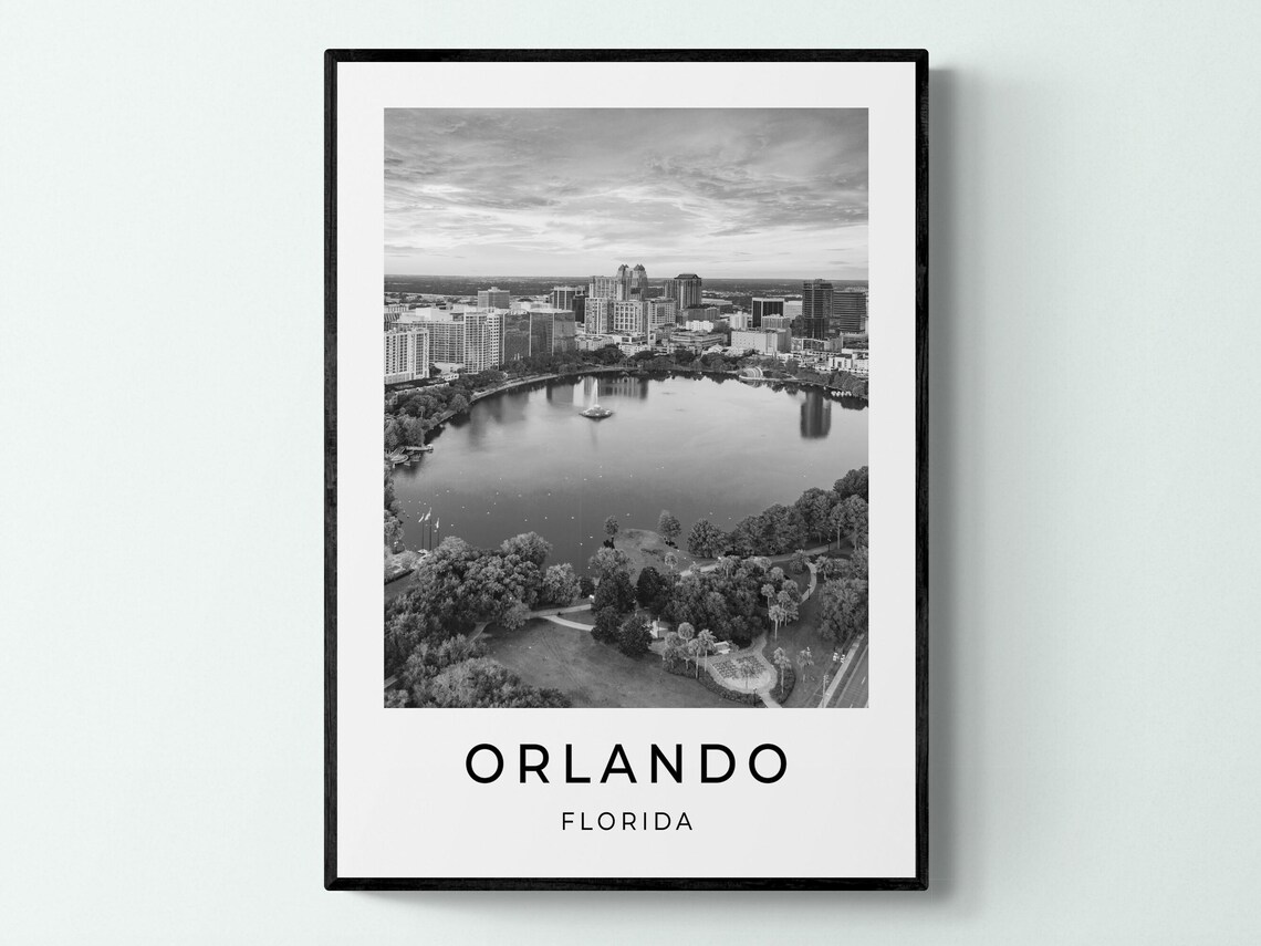 Orlando Florida Lake Fountain Skyline Black And White City Poster