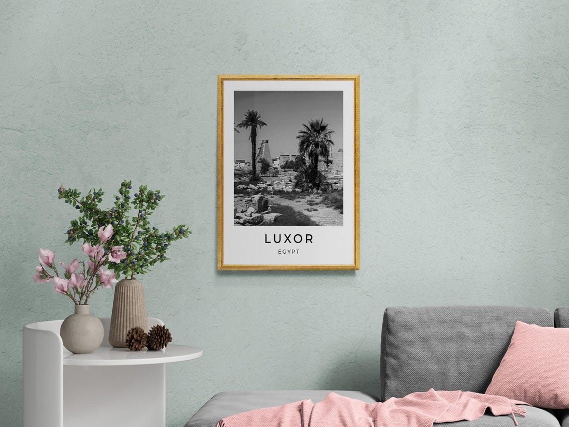 Luxor Egypt Ancient Temple Obelisk Palm Ruins Monochrome Travel Poster - Image 2