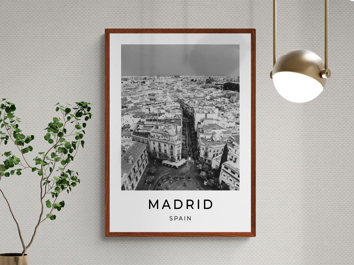 Madrid Spain Old Town Rooftops Aerial Black And White Travel Poster - Image 3