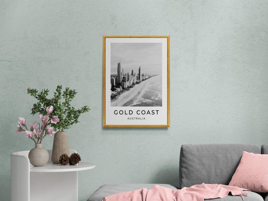 Gold Coast Australia Beach Skyline High Rises Monochrome Travel Poster - Image 2