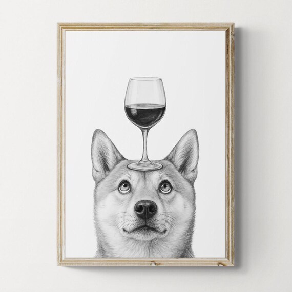 Shiba Inu Dog Art Print Funny And Wine Drawing Lover Wall Decor Lovers Gifts