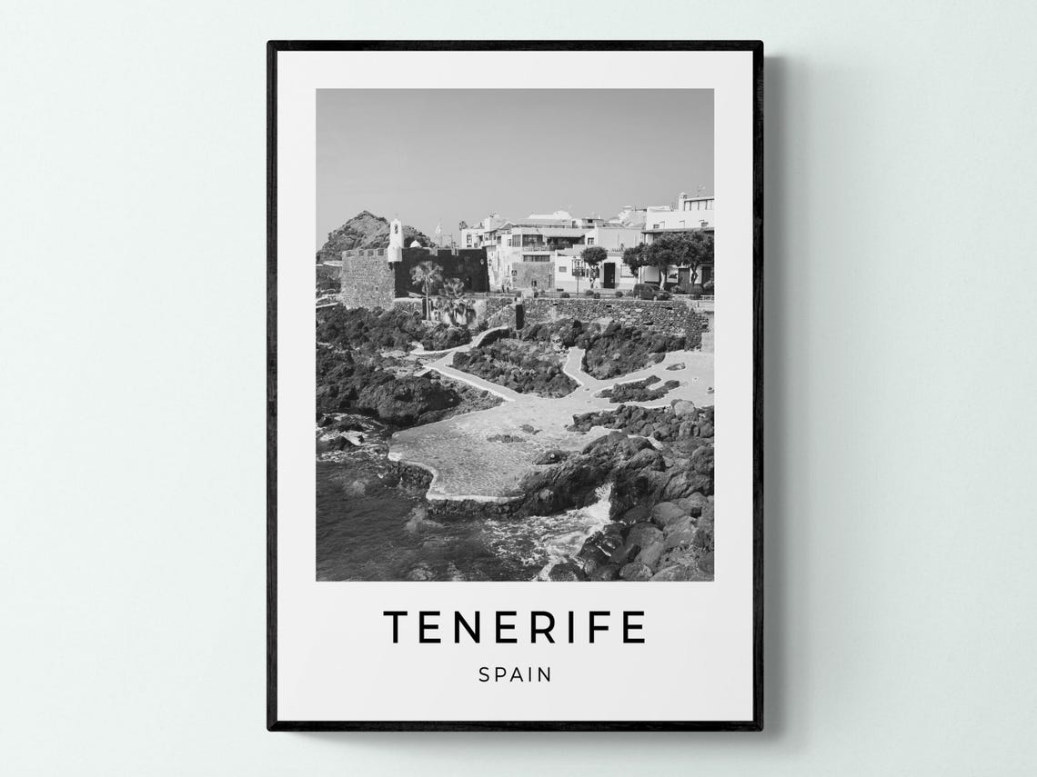 Tenerife Spain Rocky Coastline Castle View Black White Travel Poster