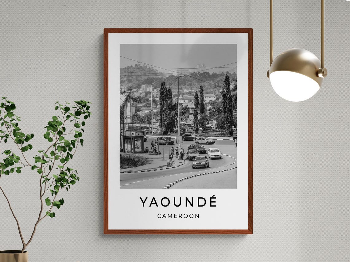 Yaounde Cameroon Busy City Street Hilltop View Black White Poster - Image 3