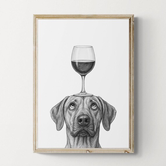 Rhodesian Ridgeback Dog Art Print Funny And Wine Drawing Lover Wall Decor Lovers Gifts