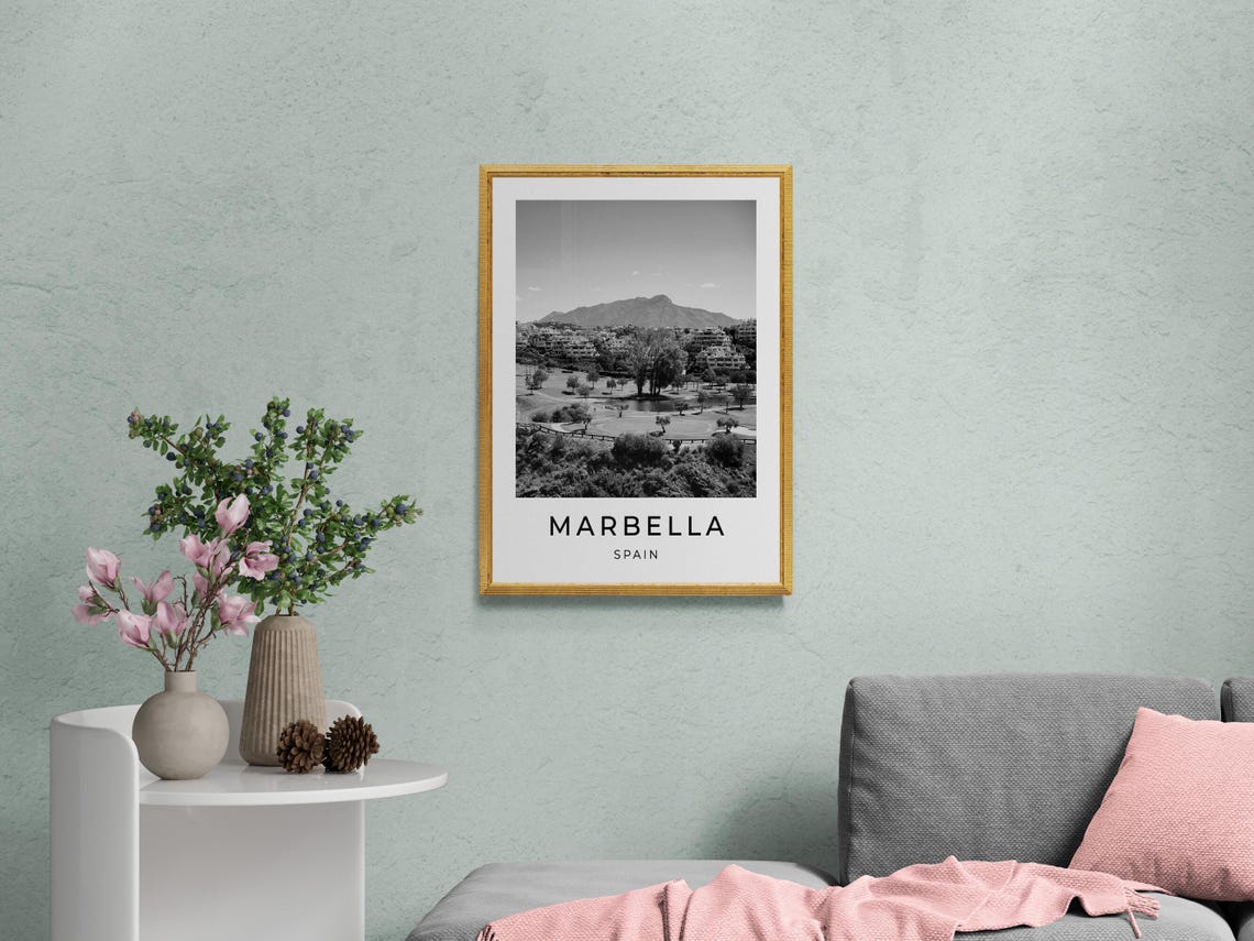 Marbella Spain Black And White Golf Course Mountain View Travel Poster - Image 2