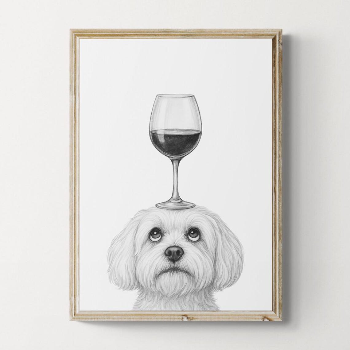 Maltese Balancing Red Wine Glass Adorable Dog Sketch Gift Poster