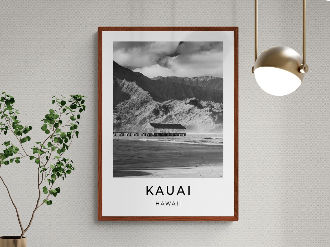 Kauai Hawaii Ocean Pier Mountains Monochrome Travel Photo Poster - Image 3