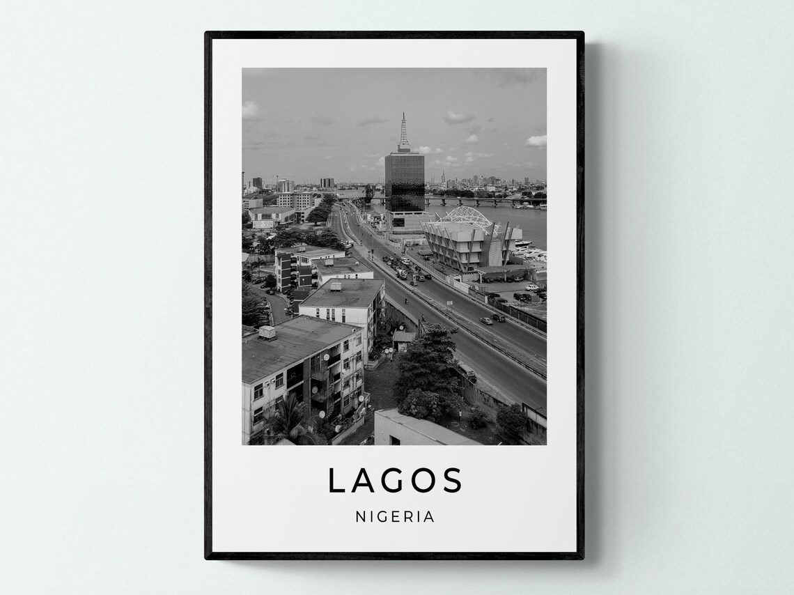 Lagos Nigeria Aerial Highway Cityscape Black White Travel Poster