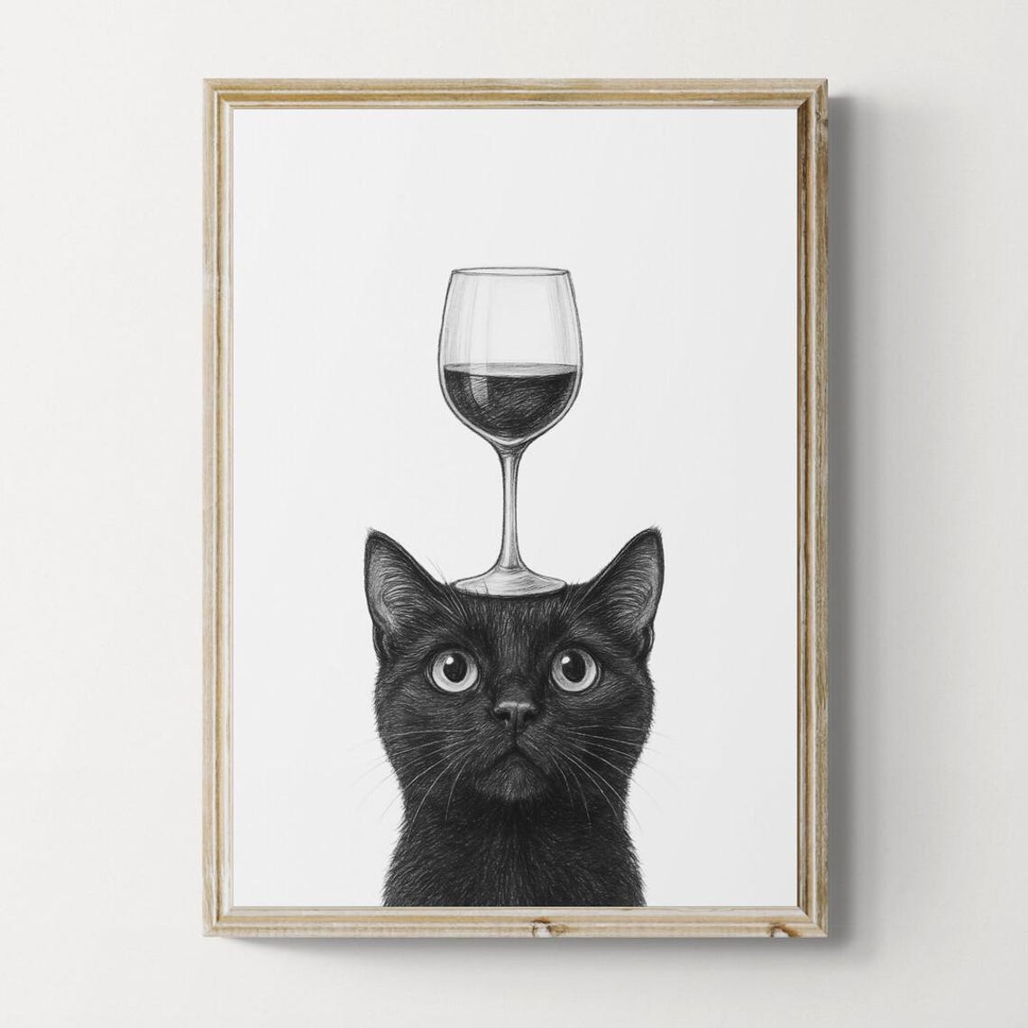Black Cat Balancing Wine Glass Funny Whimsical Sketch Art Poster