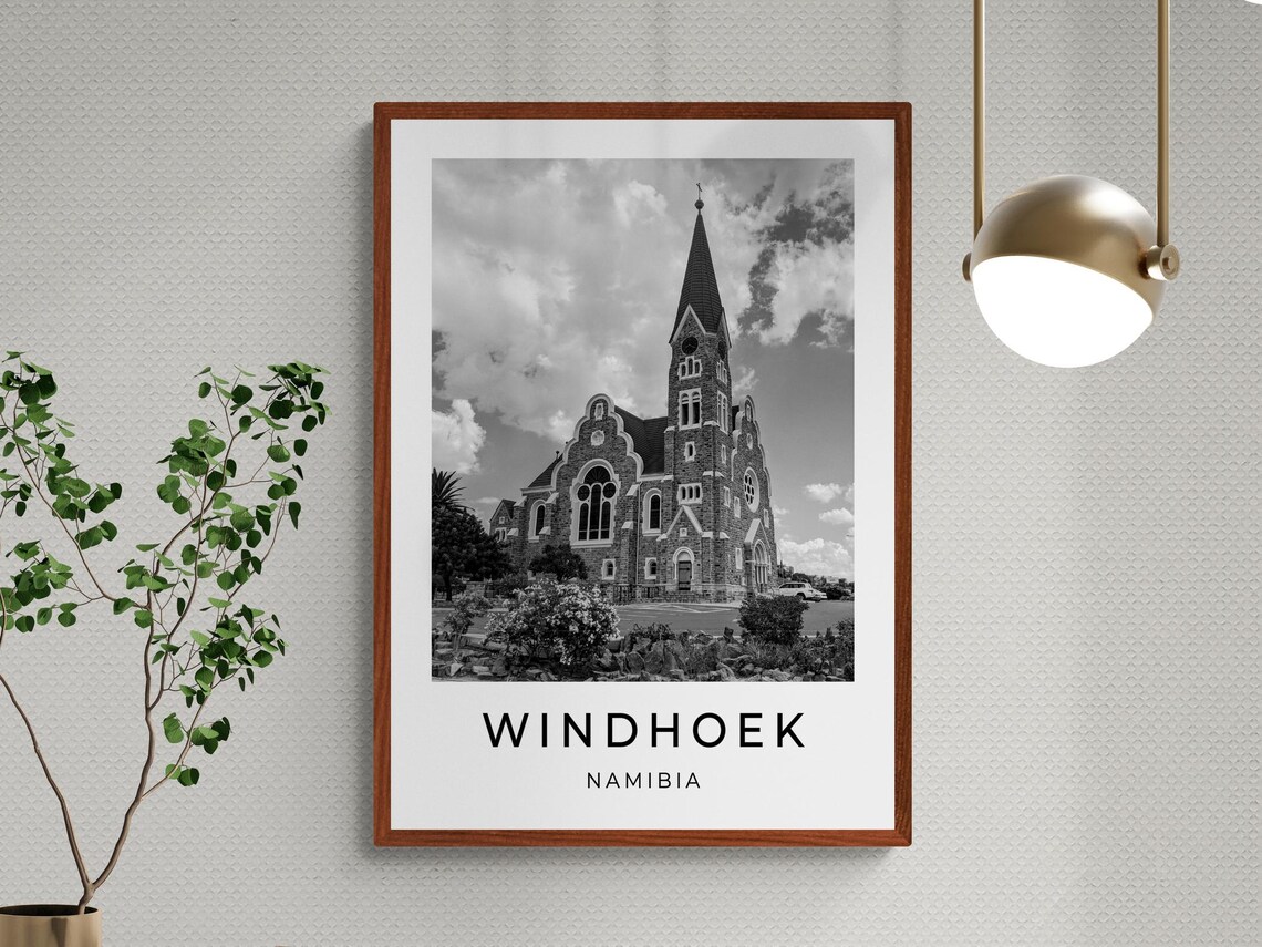 Windhoek Namibia Christ Church Stone Spire Monochrome Travel Poster - Image 3