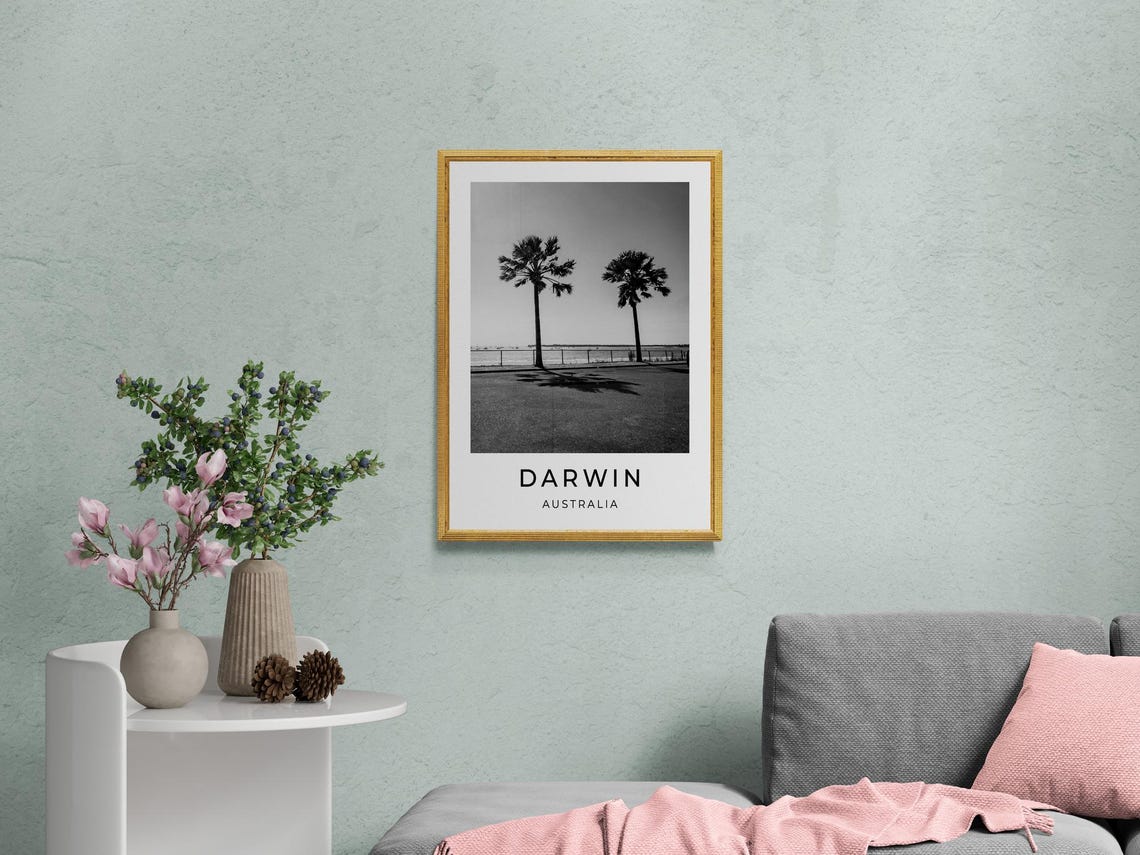 Darwin Australia Palm Trees Waterfront Esplanade Black White Poster - Image 2