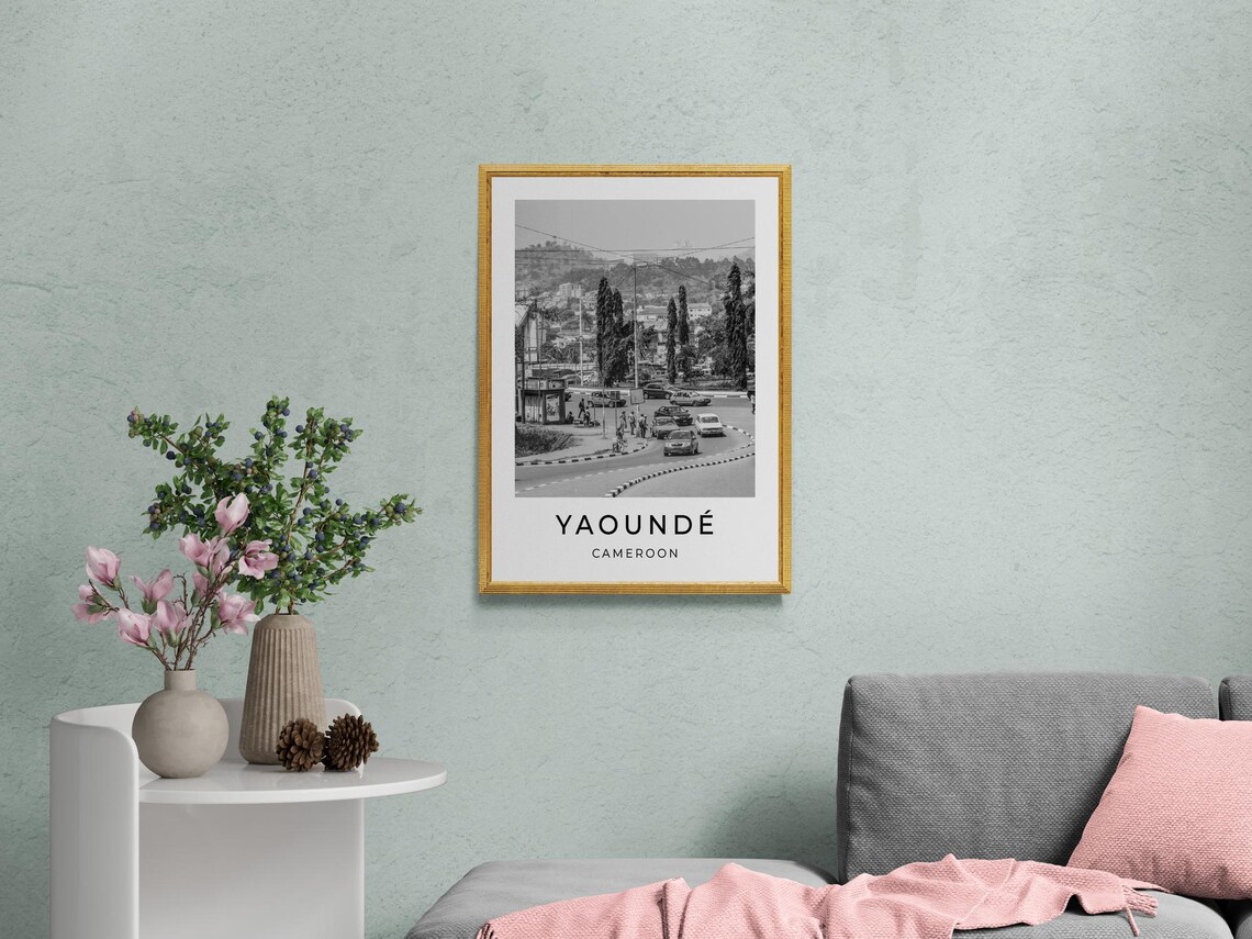 Yaounde Cameroon Busy City Street Hilltop View Black White Poster - Image 2