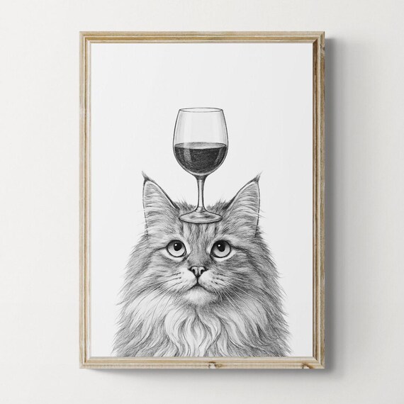 Siberian Cat Art Print Funny And Wine Drawing Lover Wall Decor Lovers Gifts