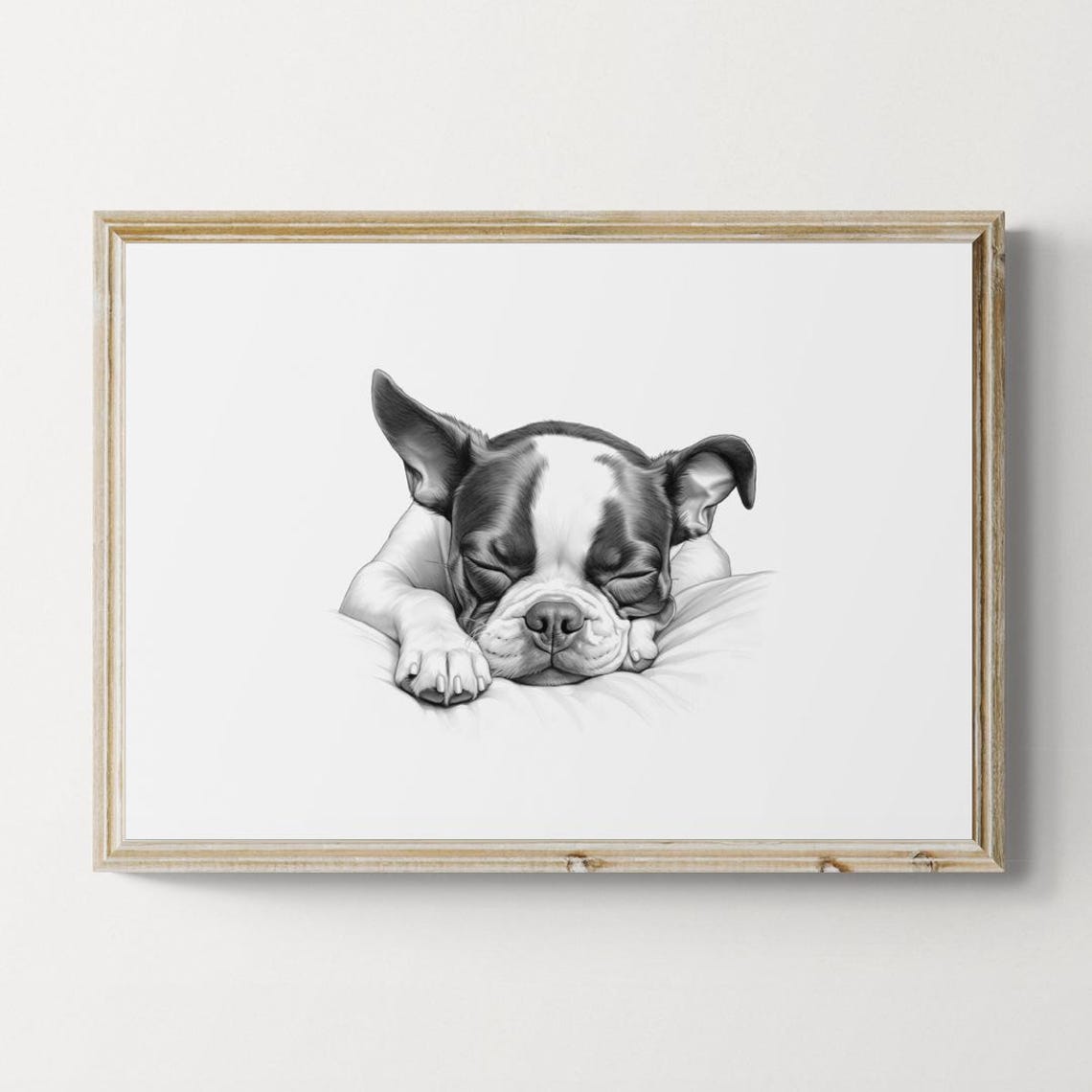 Boston Terrier Puppy Sleeping Vintage Pencil Sketch Dog Breed Wall Art