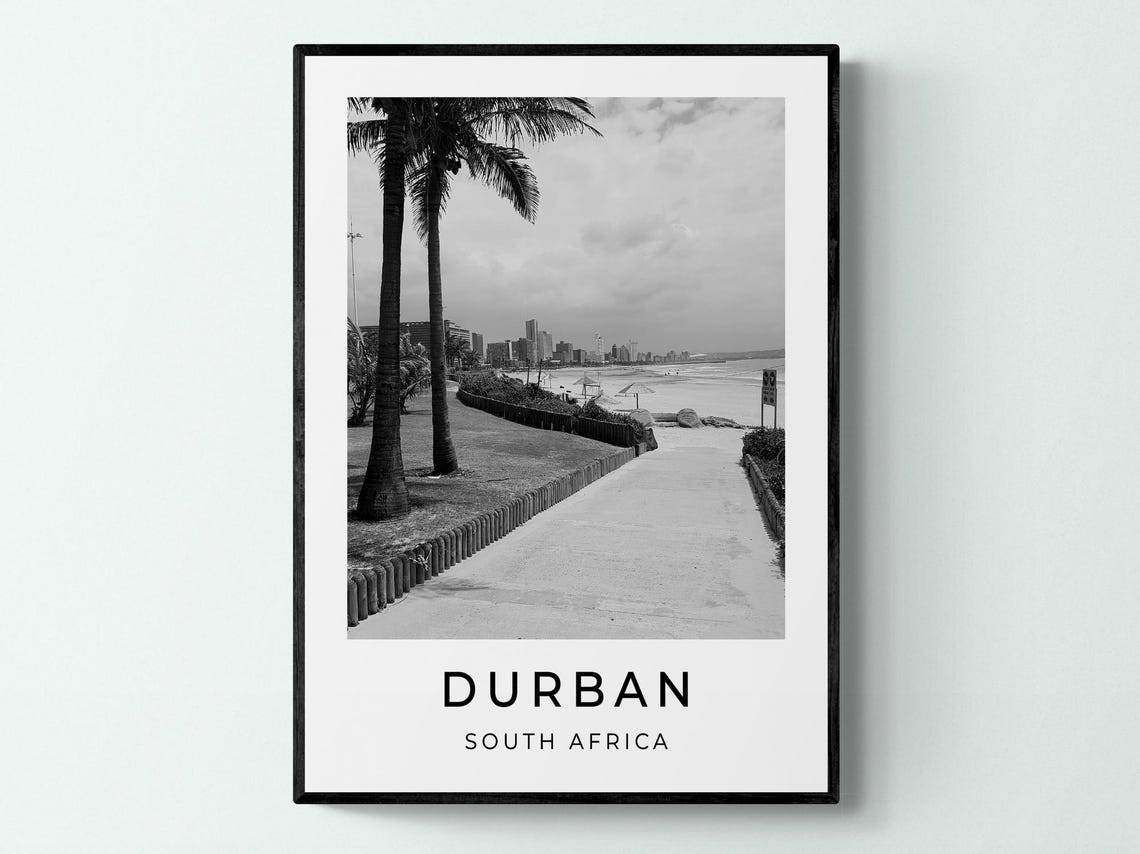 Durban South Africa Palm Beachfront Promenade Monochrome Travel Poster