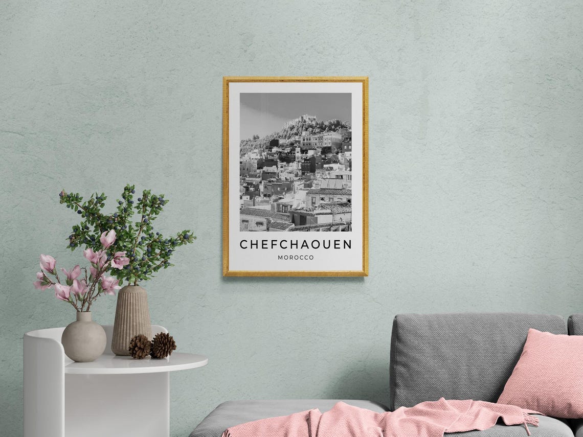 Chefchaouen Morocco Hillside Medina Rooftops Black White Travel Poster - Image 2