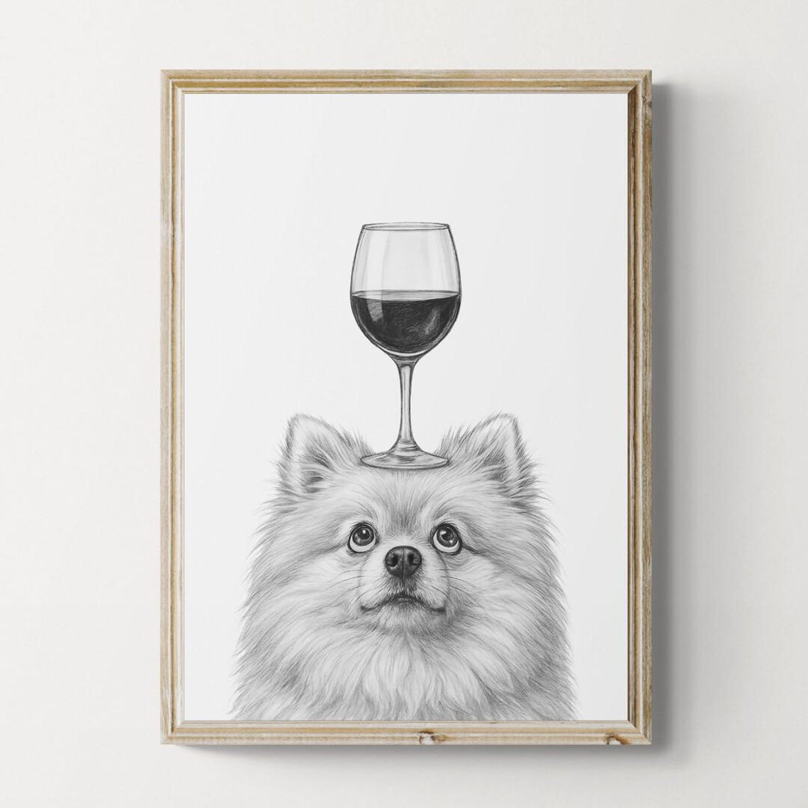 Fluffy Pomeranian Balancing Red Wine Glass Pencil Sketch Poster
