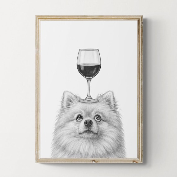 Pomeranian Dog Art Print Funny And Wine Drawing Lover Wall Decor Lovers Gifts