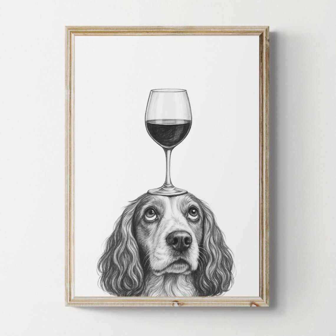 Springer Spaniel Dog Art Print, Funny Wine Drawing