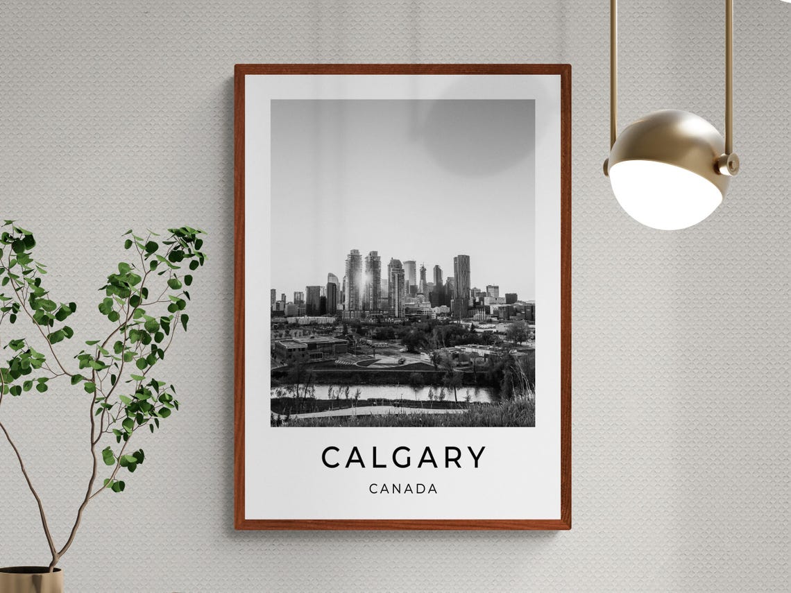 Calgary Canada Downtown Skyline River View Black White Travel Poster - Image 3