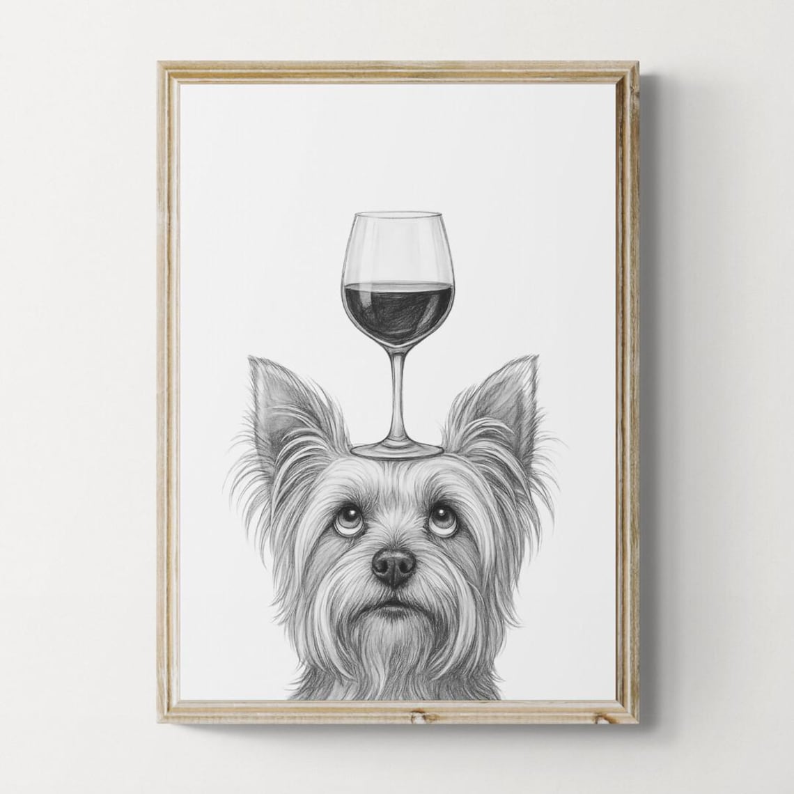 Yorkshire Terrier Balancing Red Wine Glass Adorable Sketch Poster