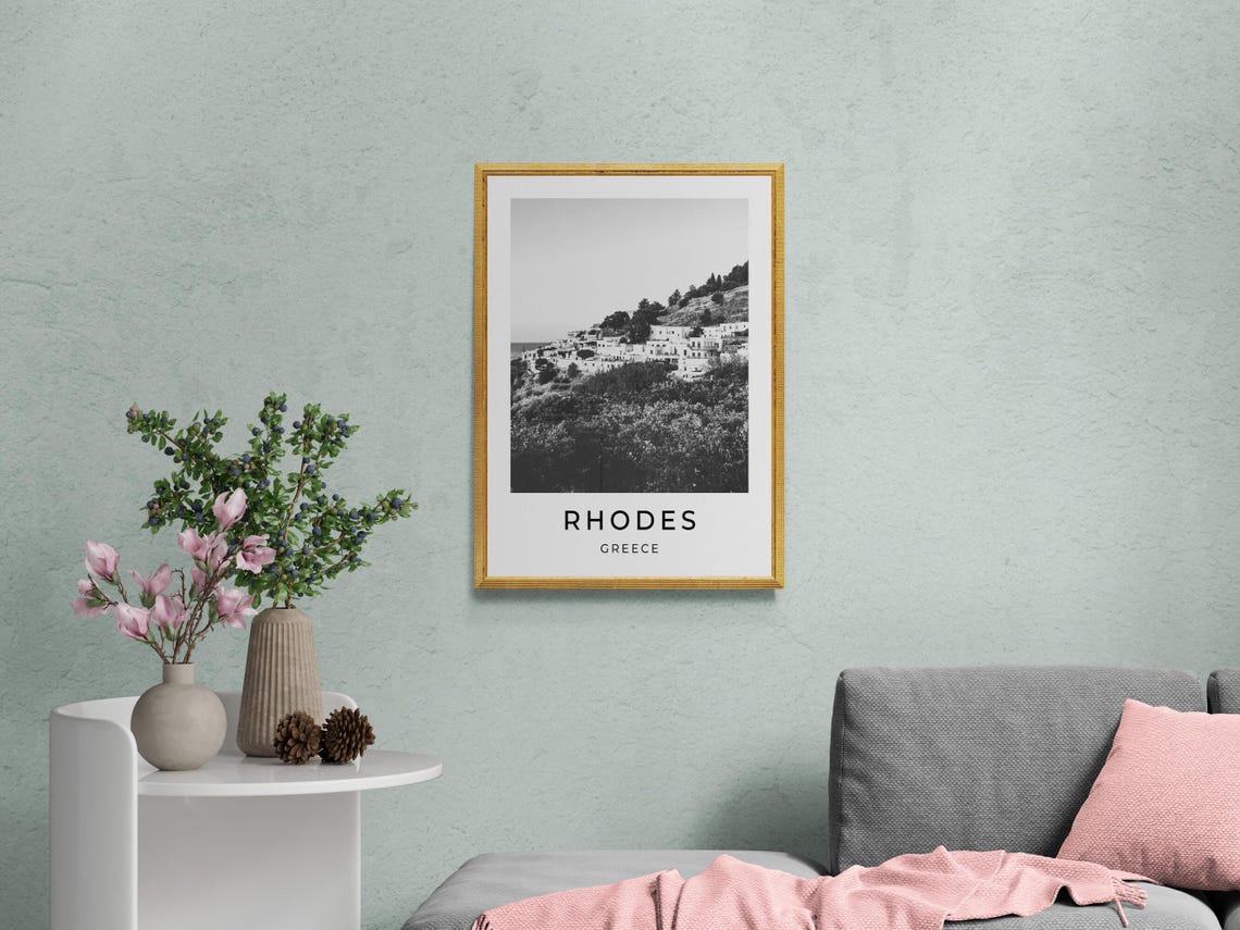 Rhodes Greece Whitewashed Hillside Village Aegean Black White Poster - Image 2