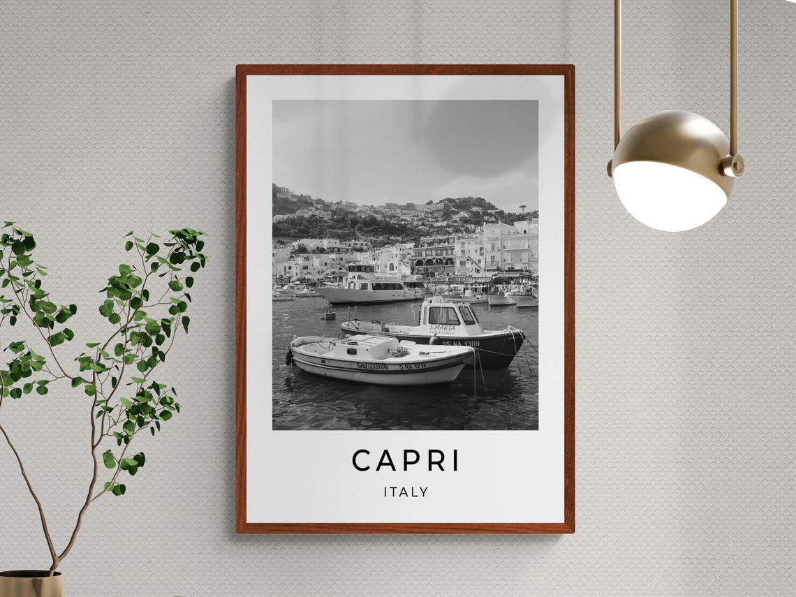 Capri Italy Marina Grande Harbor Boats Black and White Travel Poster - Image 3