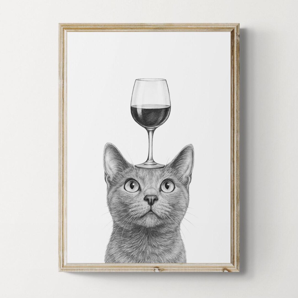 Russian Blue Cat Art Print Funny And Wine Drawing Lover Wall Decor Lovers Gifts