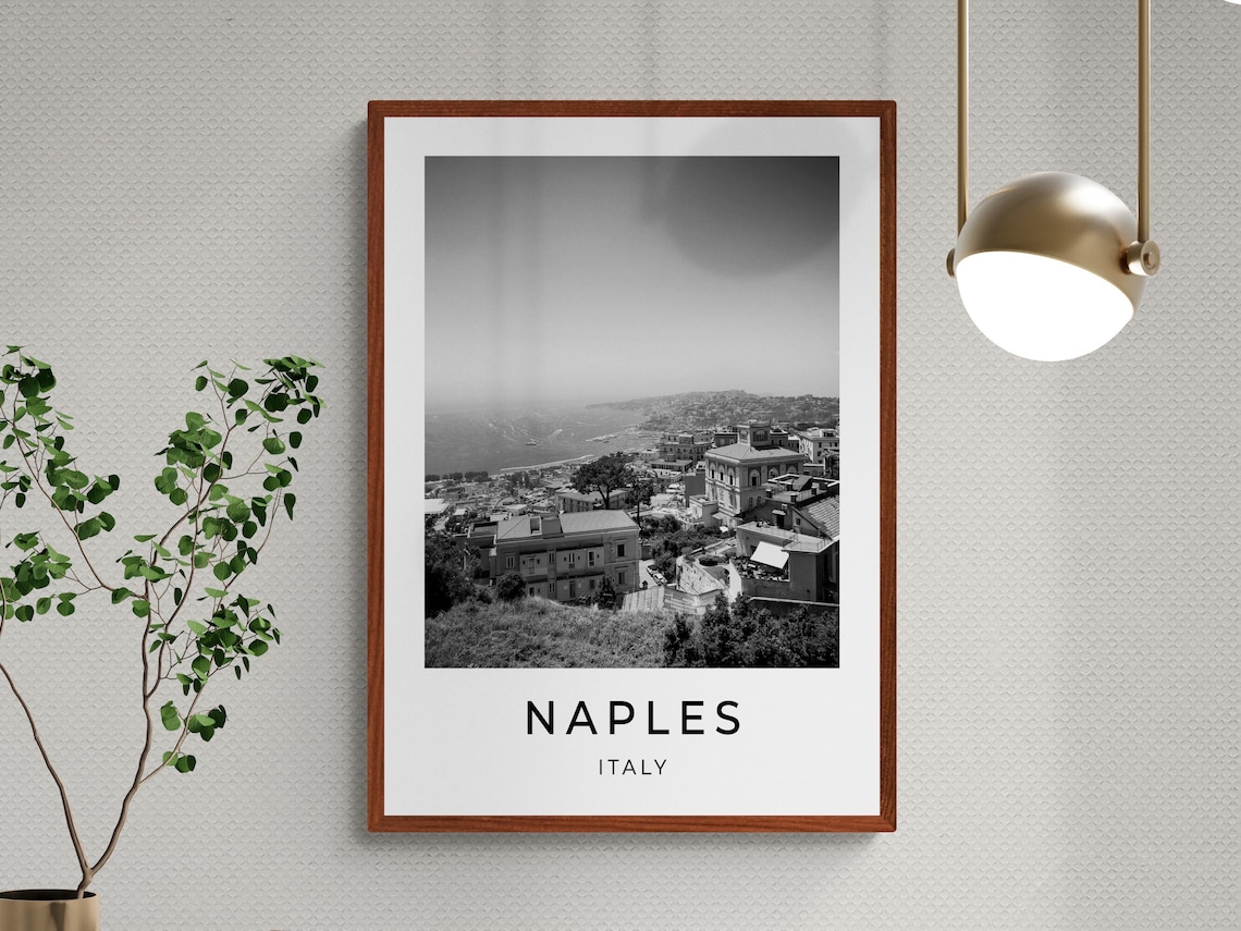 Naples Italy Black and White Coastal City Bay View Travel Poster - Image 2