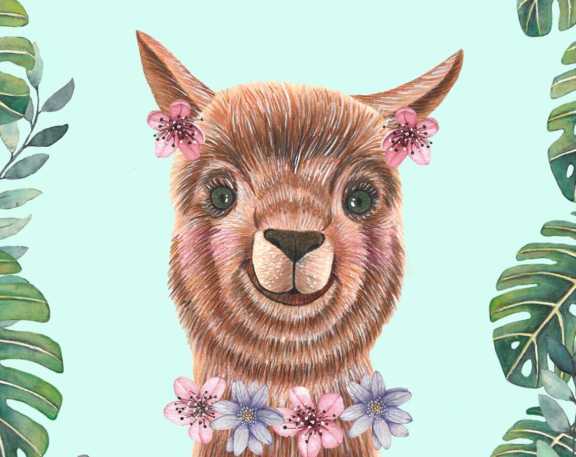 Smiling Baby Llama Pink Flowers Cute Floral Animal Portrait Poster