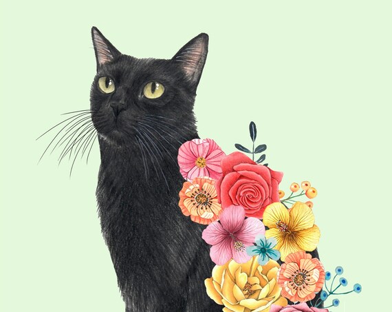 Black Cat Golden Eyes Colorful Flower Bouquet Portrait Poster